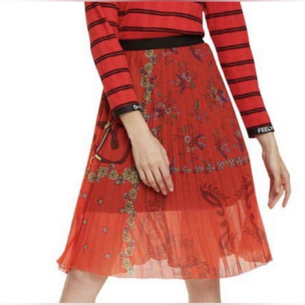 Desigual Andrea Red Midi A-Line Skirt with Pleats - Picture 3 of 7